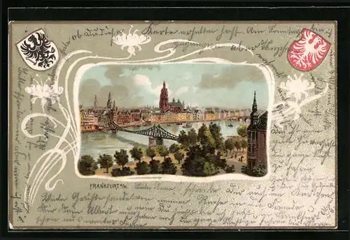Passepartout-Lithographie Frankfurt a. M., Ortsansicht mit Mainbrücke, Wappen, Blumengirlanden
