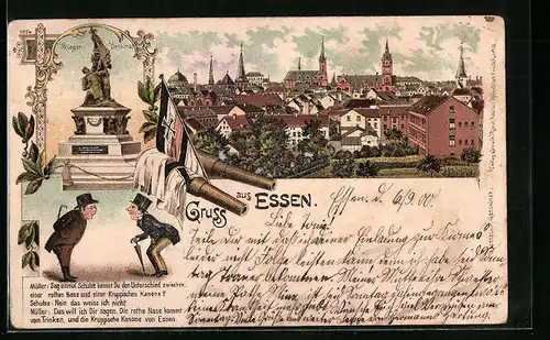 Lithographie Essen, Krieger-Denkmal, Teilansicht der Stadt