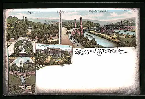 Lithographie Stuttgart, Polytechnikum, Bopser, König-Karls-Brücke