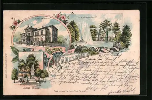 Lithographie Karlsruhe, Generalcommando, Krieger-Denkmal, Schlossgartensee