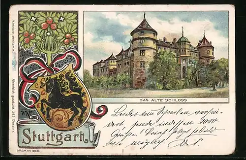 Passepartout-Lithographie Stuttgart, Das alte Schloss, Wappen