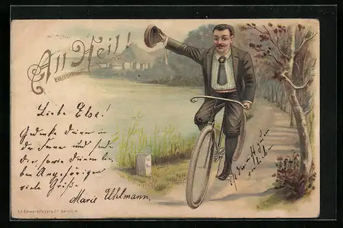 Lithographie Fahrradfahrer wünscht All Heil!