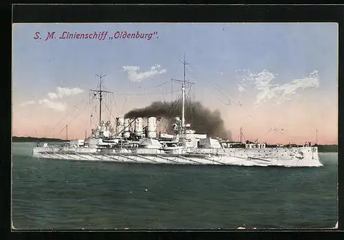 AK SM Linienschiff Oldenburg gibt Volldampf in der Dämmerung