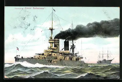 AK SM Linienschiff Kaiser Barbarossa gibt Volldampf