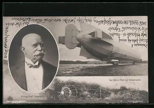 AK Portrait von Graf Zeppelin, Luftschiff nach der Katastrophe von Echterdingen