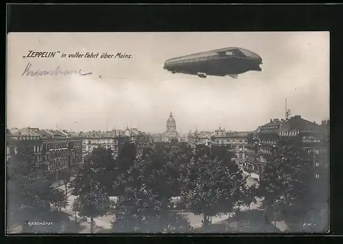 AK Mainz, Luftschiff LZ127 Graf Zeppelin in voller Fahrt