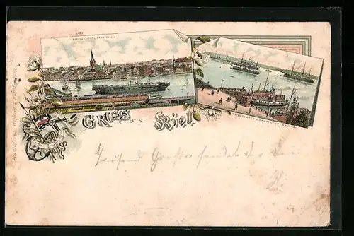 Vorläufer-Lithographie Kiel, 1895, Kriegshafen mit Dampfschiffbrücke, Totalansicht