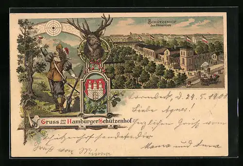 Lithographie Hamburg, Gasthaus Schützenhof von Hans Voss aus der Vogelschau, Wappen, Jäger