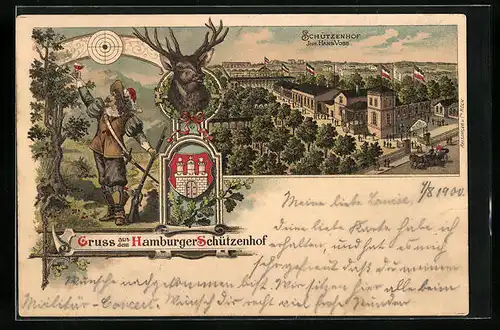Lithographie Hamburg, Gasthaus Schützenhof von Hans Voss aus der Vogelschau, Wappen, Jäger