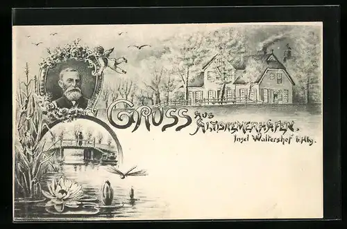 Lithographie Waltershof / Hamburg, Gasthaus Altbremerhafen auf der Insel