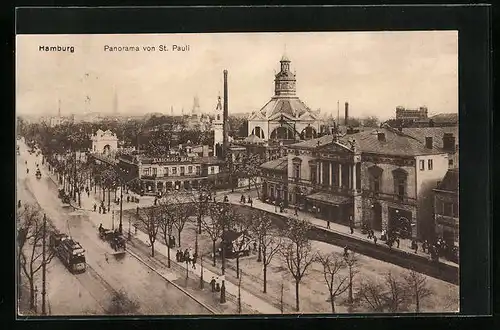 AK Hamburg-St.Pauli, Panorama von St. Pauli, Strassenbahn