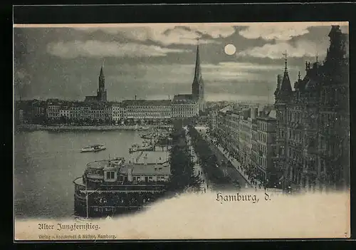 Mondschein-AK Hamburg-Neustadt, Alter Jungfernstieg, Turmspitzen