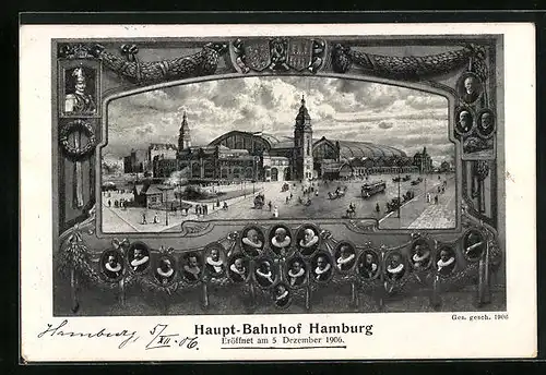 Passepartout-AK Hamburg, Festkarte zur Eröffnung des Hauptbahnhofes, 5. Dezember 1906