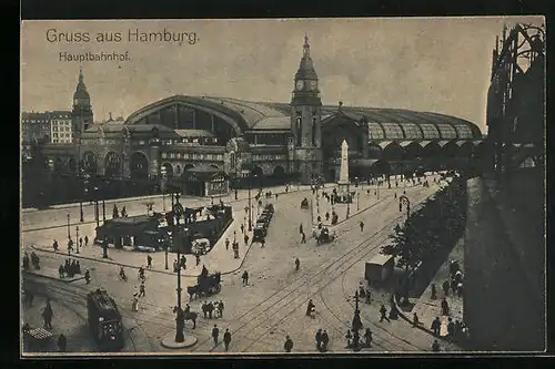 AK Hamburg, Der Hauptbahnhof mit Uhrenturm, Strassenbahn