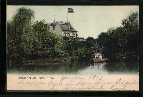 AK Langenfelde, Hotel Forsthaus vom Wasser aus gesehen