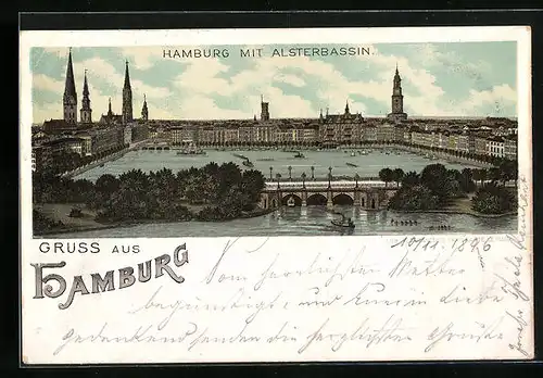 Lithographie Hamburg-St.Georg, Totalansicht mit Alsterbassin
