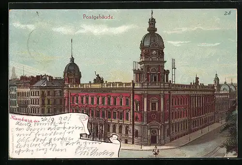 Lithographie Hamburg, Strassenpartie am Postgebäude