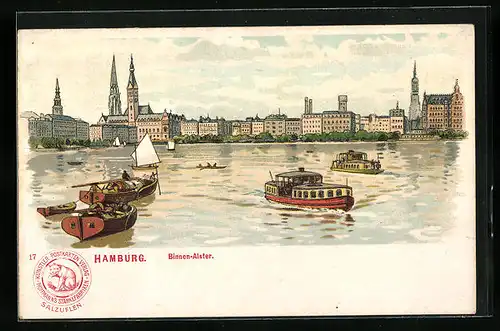 Lithographie Hamburg, Totalansicht, Binnenalster, Dampfer