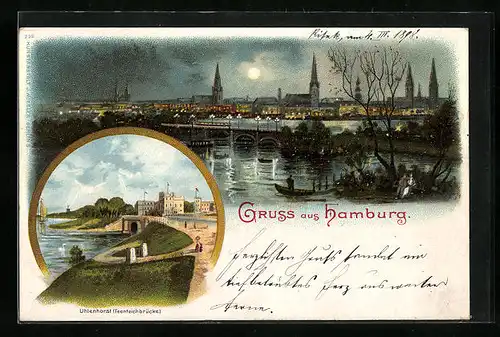 Mondschein-Lithographie Hamburg, Totalansicht, Feenteichbrücke in Uhlenhorst