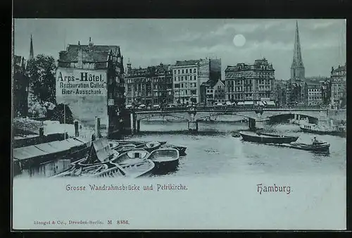 Mondschein-AK Hamburg, Grosse Wandrahmsbrücke und Petrikirche