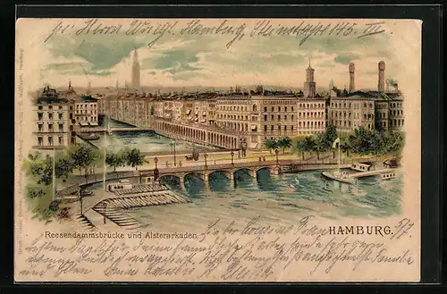 Lithographie Hamburg, Reesendammbrücke und Alsterarkaden