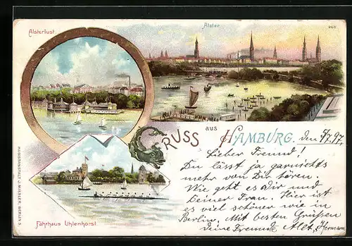 Lithographie Hamburg, Alsterlust, Totalansicht, Fährhaus Uhlenhorst