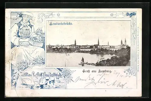 AK Hamburg-Neustadt, Totalansicht mit der Lombardsbrücke, Hanseatin in Tracht, Höckerschwäne