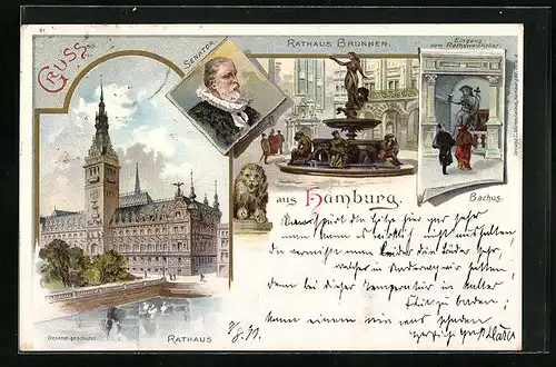 Lithographie Hamburg, Rathaus mit Brunnen, Senator im Profil, Eingang zum Restaurant Rathsweinkeller, Bachus