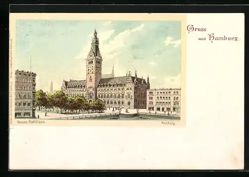 Lithographie Hamburg, Blick auf das neue Rathaus