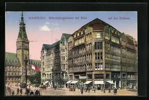 AK Hamburg, Mönckebergstrasse mit Blick auf das Rathaus