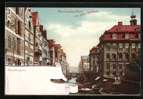 Lithographie Hamburg, Herrengrabenfleet und Altes Rathaus