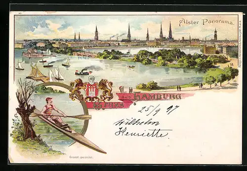 Lithographie Hamburg, Alster Panorama mit Dampfer