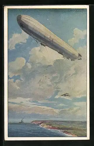 Künstler-AK Hans Rudolf Schulze: Zeppelin, Wacht an deutscher Ostseeküste