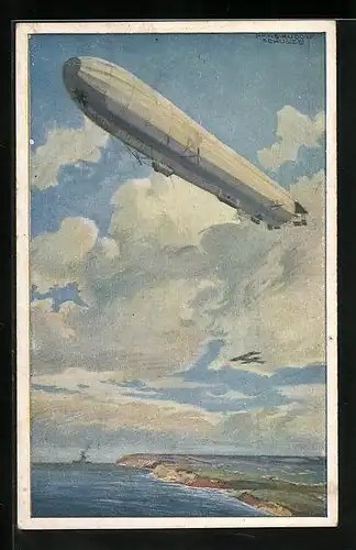 Künstler-AK Hans Rudolf Schulze: Reichsmarineluftschiff, Wacht an deutscher Ostseeküste, Zeppelin