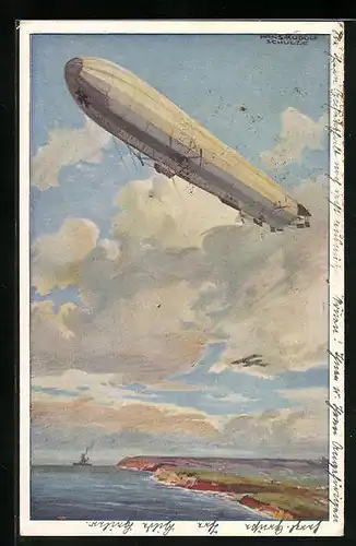 Künstler-AK Hans Rudolf Schulze: Wacht an deutscher Ostseeküste, Zeppelin, Reichsmarineluftschiff