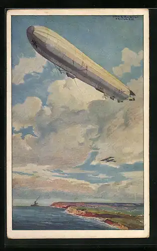 Künstler-AK Hans Rudolf Schulze: Wacht an deutscher Ostseeküste, Zeppelin, Reichsmarineluftschiff