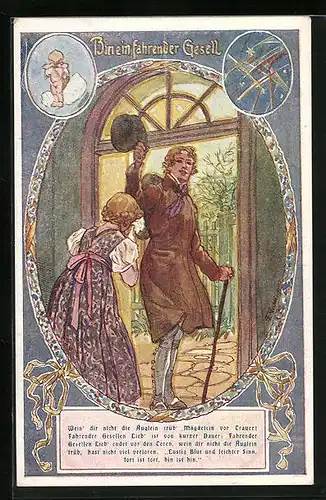 Künstler-AK F. Gareis: Bin ein fahrender Gesell, Herr verabschiedet sich von der weinenden Gattin