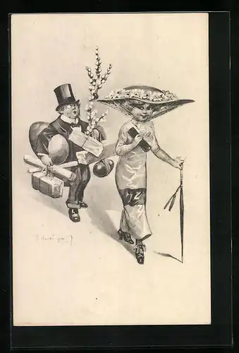 Künstler-AK F. Gareis: Schnöselige Dame mit ihrem schwitzenden Packesel