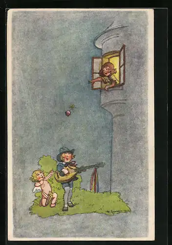 Künstler-AK F. Gareis: Das Ständchen!, Knabe singt für seine Geliebte im Turm