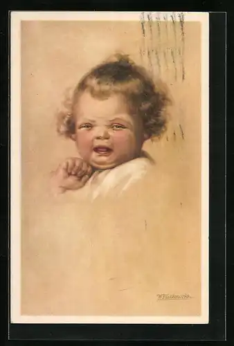 Künstler-AK Wally Fialkowska: Weinendes Kleinkind mit blonden Locken