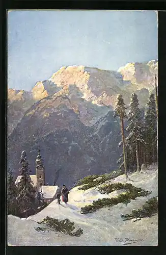 Künstler-AK M. Müller jun.: Ortspartie mit Kirche und Gebirgspanorama