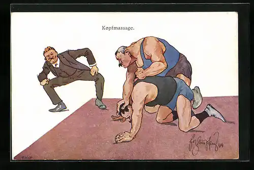 Künstler-AK Fritz Schönpflug: Kopfmassage, Männer beim Ringen