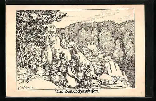 Künstler-AK Auf den Schaufelsen, Frauen und Mädchen geniessen Ausblick am Felsen, Kinderfürsorge