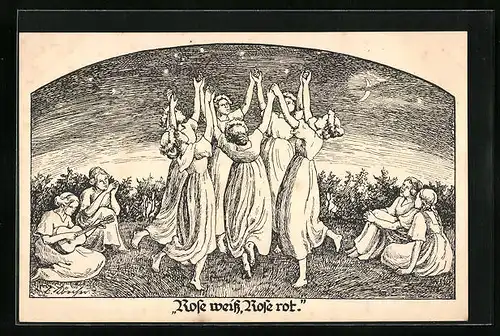 Künstler-AK Rose weiss, Rose rot, Frauen beim Tanzen zu Mitternacht, Kinderfürsorge