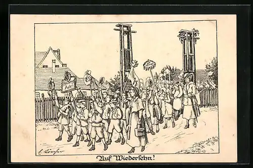 Künstler-AK Auf Wiedersehen, Frauen und Kinder beim Marsch, Kinderfürsorge