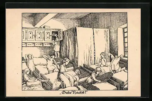 Künstler-AK Gute Nacht, Frauen bringen Kinder zu Bett, Kinderfürsorge