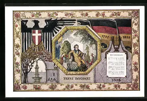 Künstler-AK Wien, Franz Schubert, Der Lindenbaum, Fest-Postkarte des 10. Deutschen Sängerbundesfestes, 1928