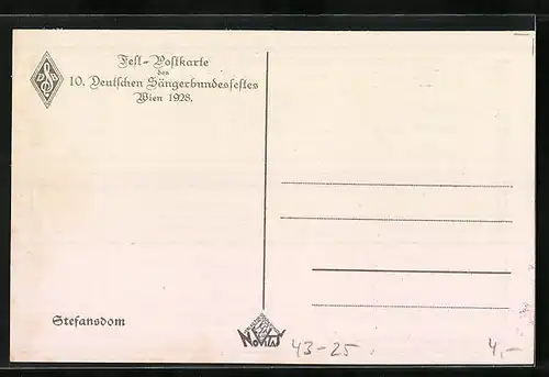 Künstler-AK Wien, Fest-Postkarte des 10. Deutschen Sängerbundesfestes mit Dom, 1928