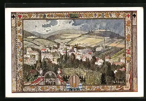 Künstler-AK Wien, Fest-Postkarte des 10. Deutschen Sängerbundesfestes mit Blick über Grinzing, 1928
