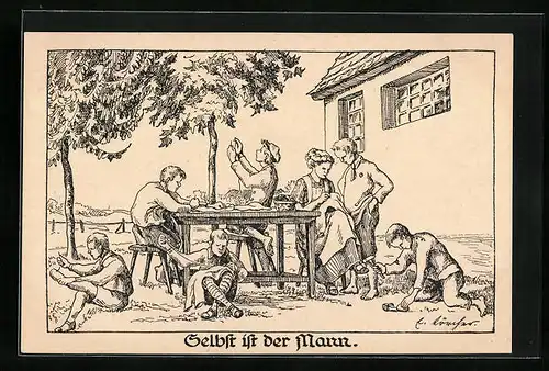 AK Selbst ist der Mann, Männer beim Handwerken und Nähen, Kinderfürsorge